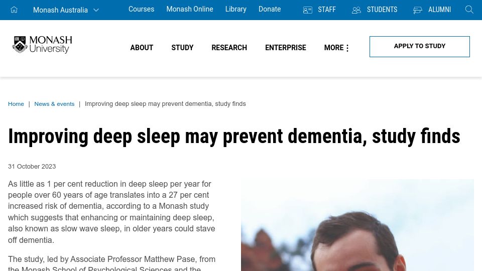 Screenshot of monash.edu: Improving deep sleep may prevent dementia, study finds
