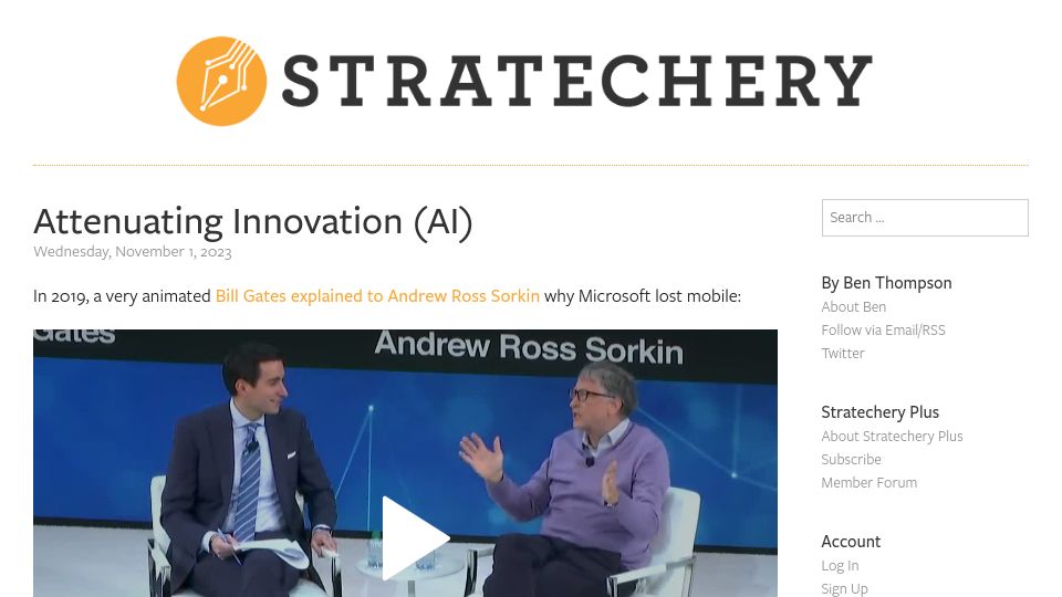 Screenshot of stratechery.com: Attenuating Innovation (AI)