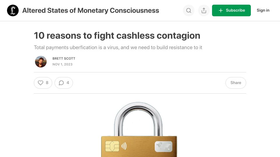 Screenshot of brettscott.substack.com: Reasons to fight cashless contagion