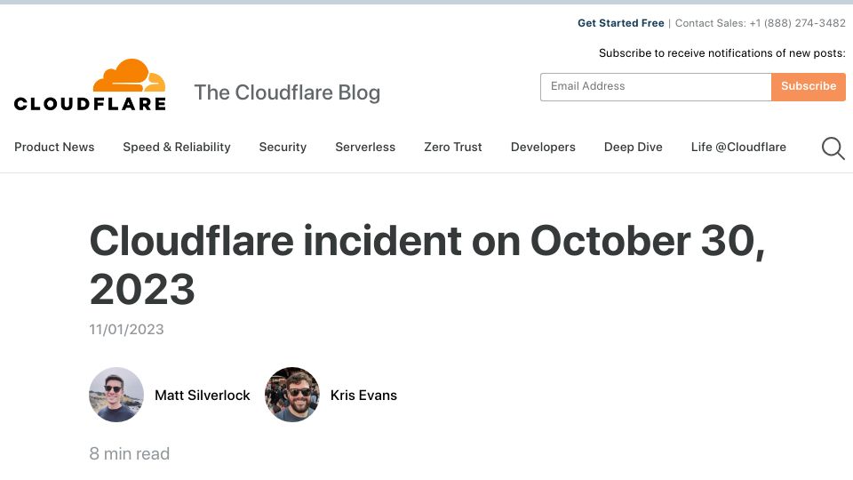 Screenshot of blog.cloudflare.com: Cloudflare incident on October 30, 2023