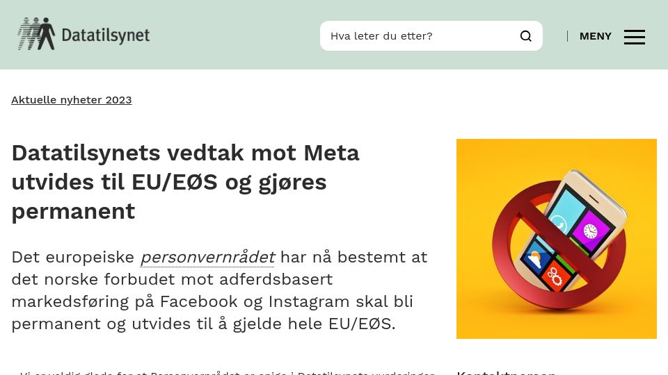 Screenshot of datatilsynet.no: Norwegian ban on Meta behavioral advertising extended to entire EU