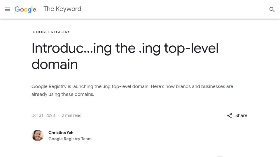 Screenshot of blog.google: The .ing top-level domain