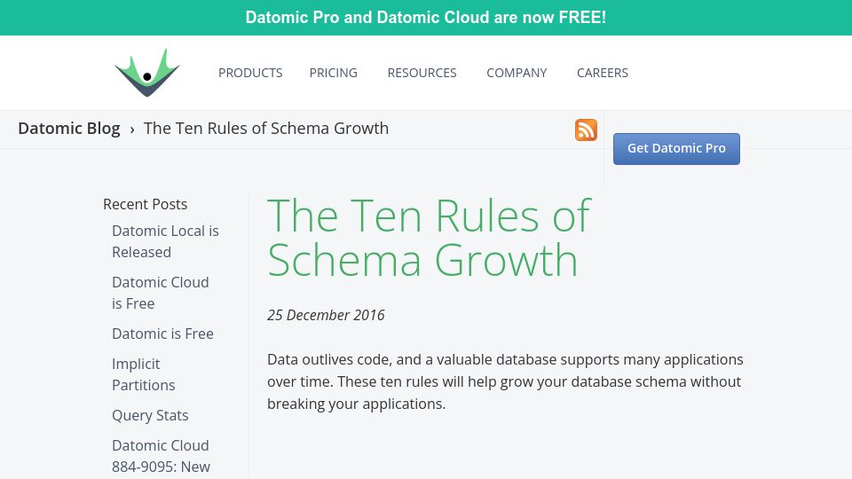Screenshot of blog.datomic.com: Rules of schema growth (2017)