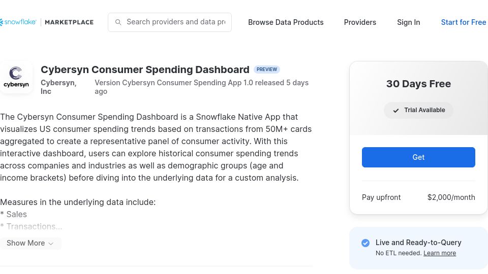 Screenshot of app.snowflake.com: US consumer spending dashboard built on data from 50M+ cards now on Snowflake