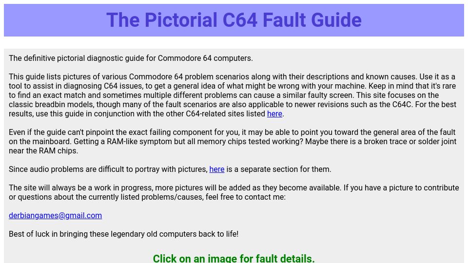 Screenshot of pictorial64.com: The Pictorial C64 Fault Guide