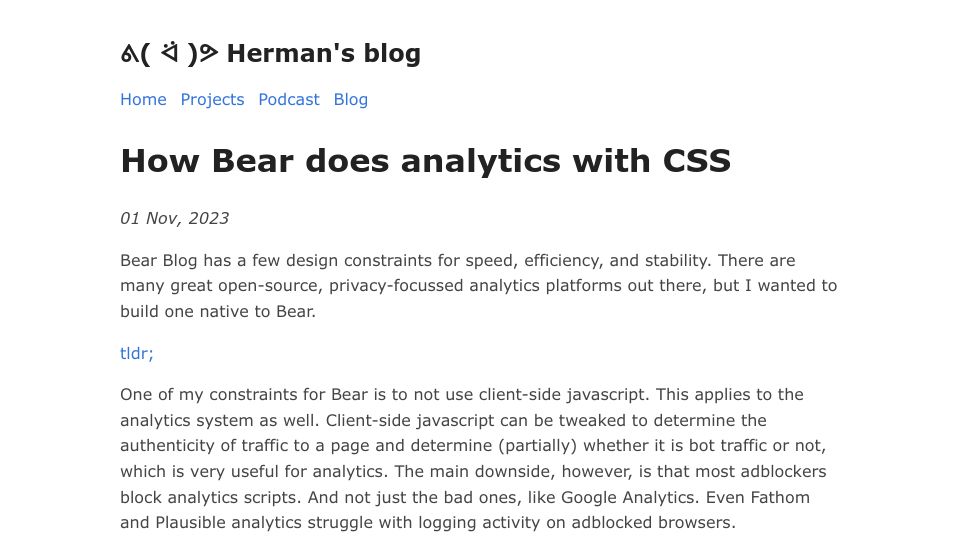 Screenshot of herman.bearblog.dev: How Bear does analytics with CSS