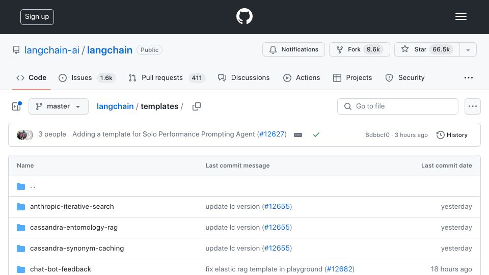 Screenshot of github.com: New: LangChain templates – fastest way to build a production-ready LLM app