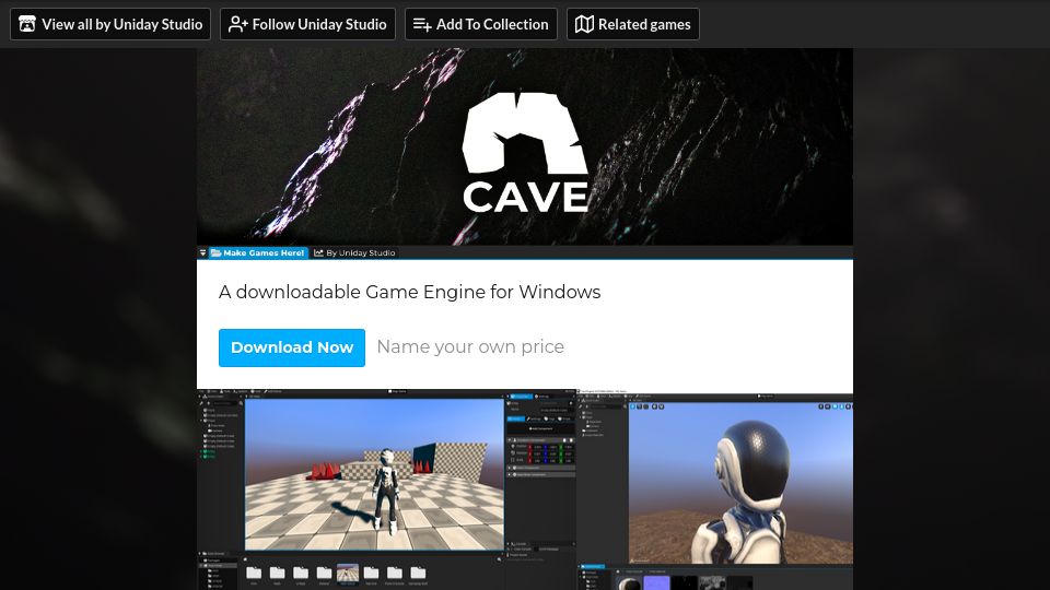 Screenshot of unidaystudio.itch.io: 3D desktop Game Engine scriptable in Python