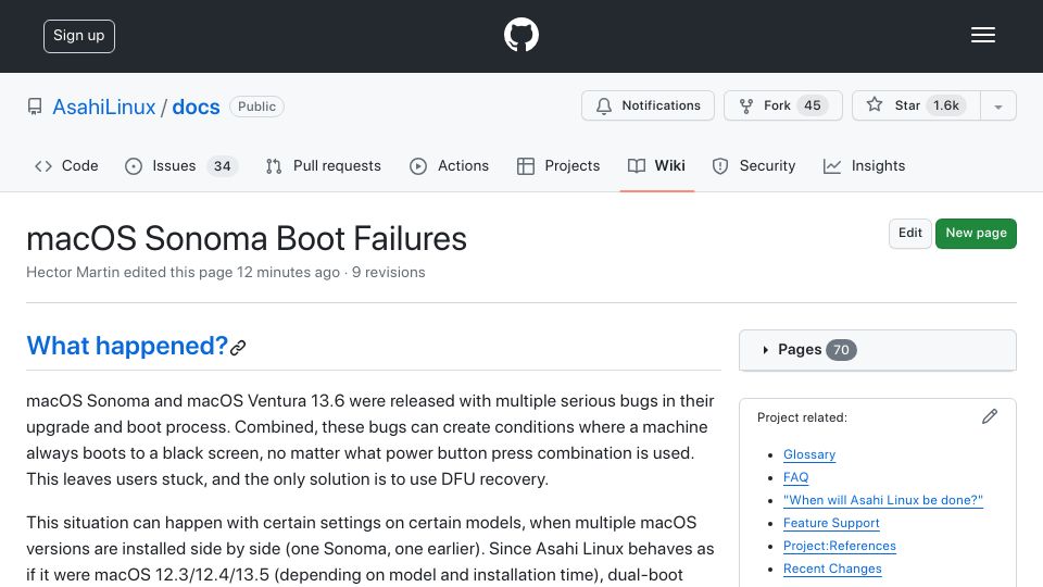 Screenshot of github.com: macOS Sonoma Boot Failures
