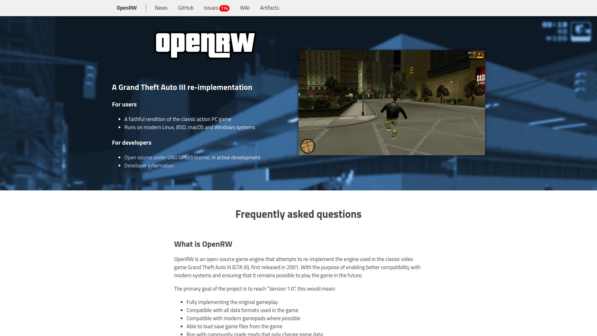 Screenshot of openrw.org: A Grand Theft Auto III Re-Implementation