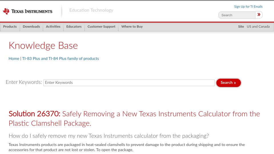Screenshot of education.ti.com: Solution 26370: Removing a new Texas Instruments calculator from the package