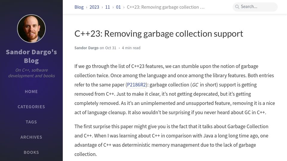 Screenshot of sandordargo.com: C++23: Removing garbage collection support