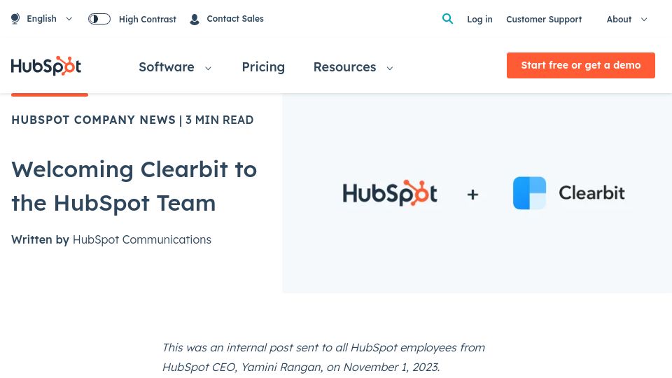 Screenshot of hubspot.com: HubSpot Acquires Clearbit