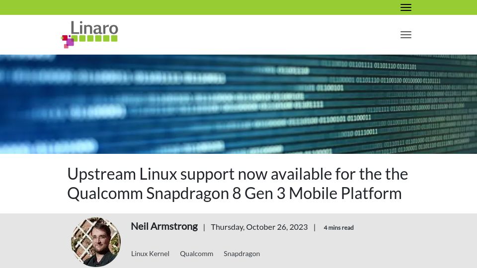 Screenshot of linaro.org: Upstream Linux support available for Qualcomm Snapdragon 8 Gen 3 Mobile Platform