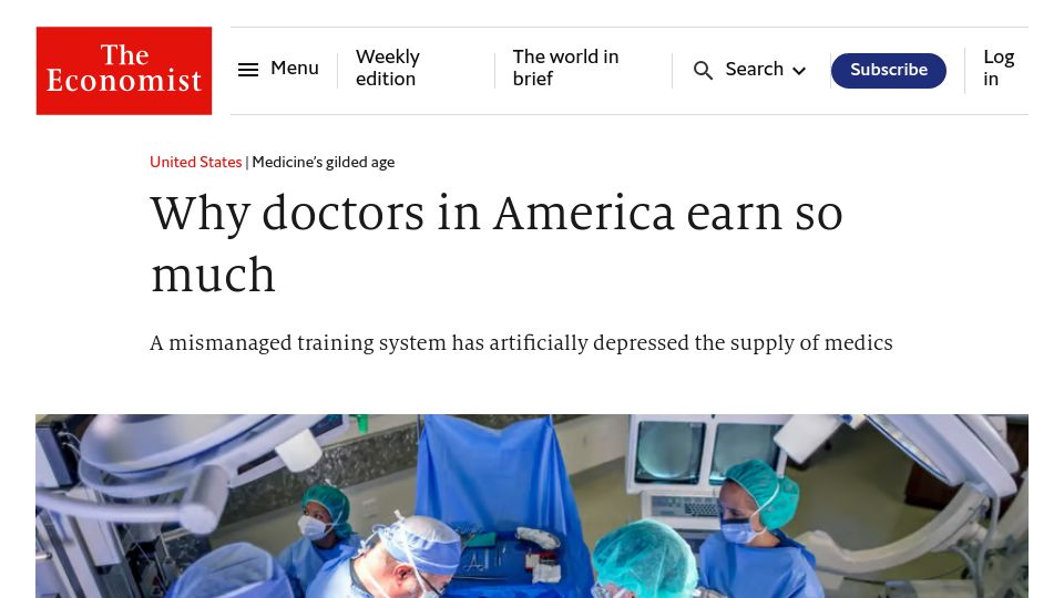 Screenshot of economist.com: Why doctors in America earn so much