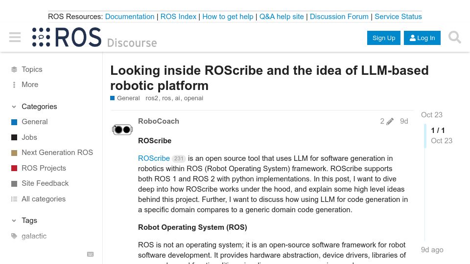 Screenshot of discourse.ros.org: ROScribe: An LLM-based robotic platform