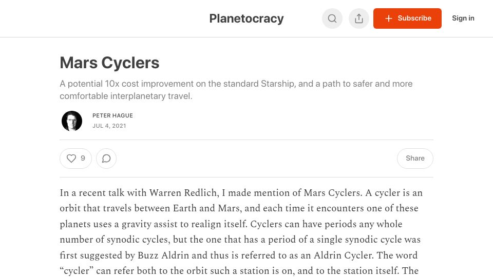 Screenshot of planetocracy.substack.com: Mars Cyclers