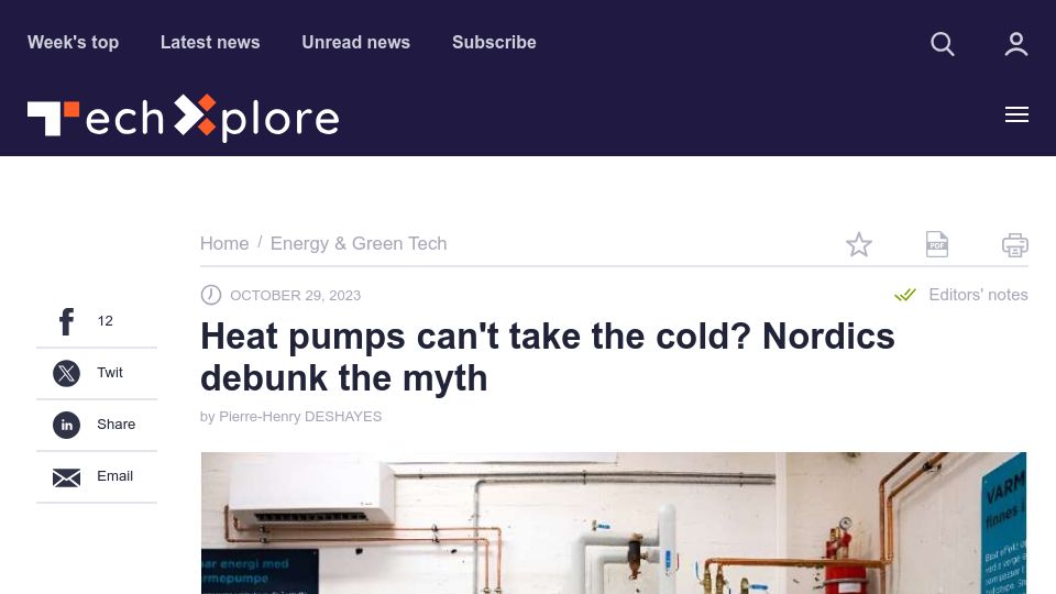 Screenshot of techxplore.com: Heat pumps can't take the cold? Nordics debunk the myth