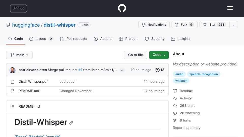 Screenshot of github.com: Distil-Whisper: distilled version of Whisper that is 6 times faster, 49% smaller
