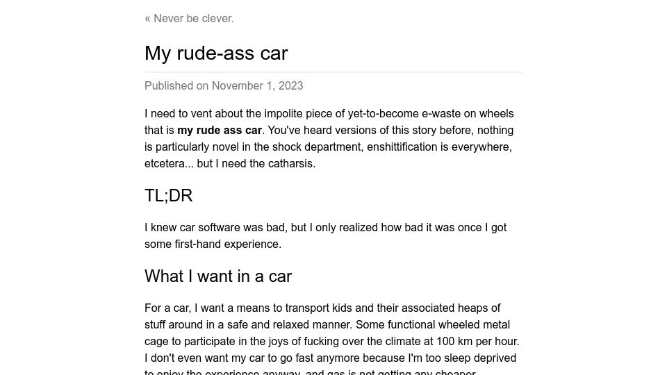 Screenshot of neverbeclever.org: My rude-ass car