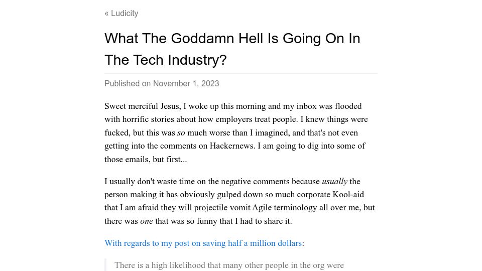 Screenshot of ludic.mataroa.blog: What the Goddamn Hell Is Going on in the Tech Industry?
