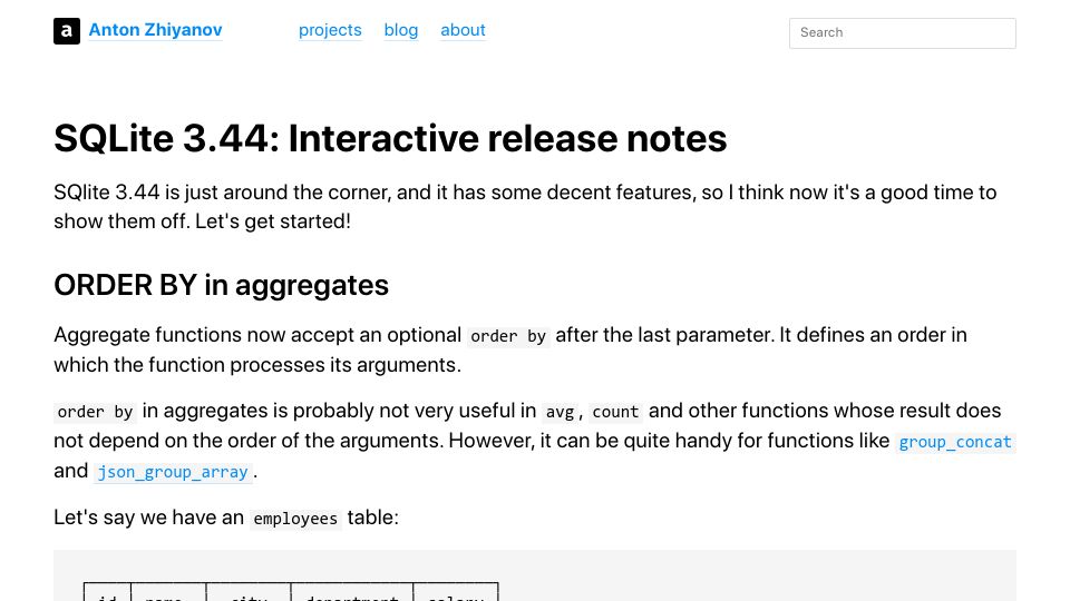 Screenshot of antonz.org: SQLite 3.44: Interactive release notes
