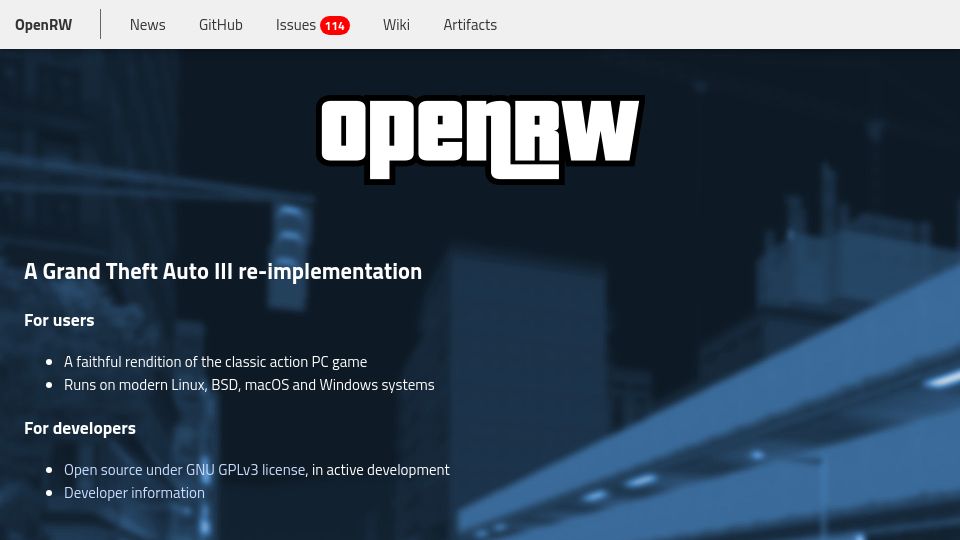 Screenshot of openrw.org: A Grand Theft Auto III Re-Implementation