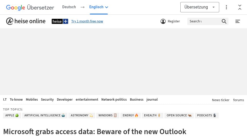 Screenshot of www-heise-de.translate.goog: Windows 11 Update 23H2 is stealing users' IMAP credentials