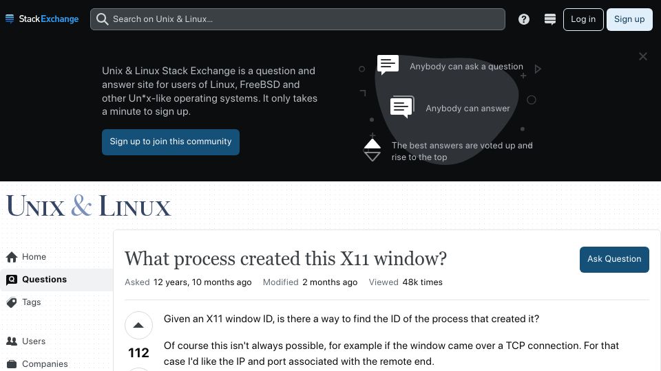 Screenshot of unix.stackexchange.com: What process created this X11 window?