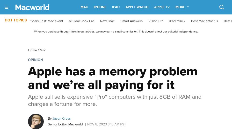Screenshot of macworld.com: Apple has a memory problem and we're all paying for it