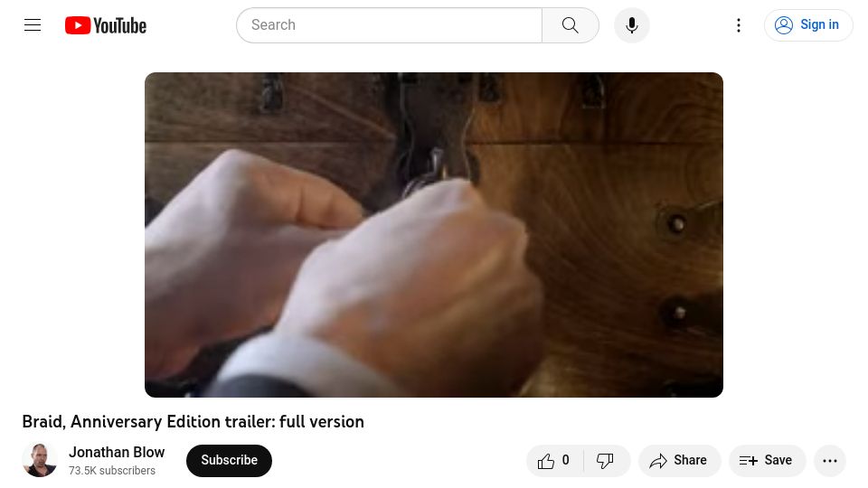 Screenshot of youtube.com: Braid, Anniversary Edition trailer [video]