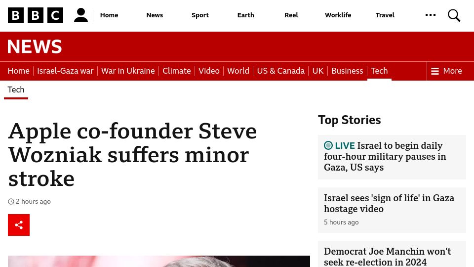 Screenshot of bbc.co.uk: Steve Wozniak suffers minor stroke