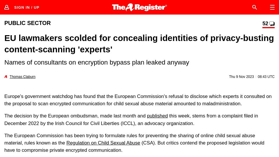 Screenshot of theregister.com: EU lawmakers scolded for concealing identities of content-scanning experts