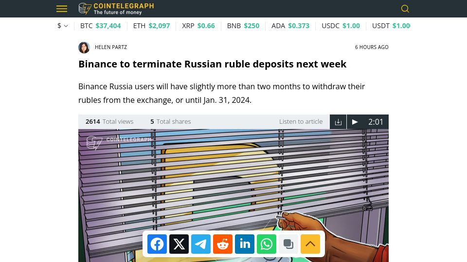Screenshot of cointelegraph.com: Binance to terminate Russian ruble deposits
