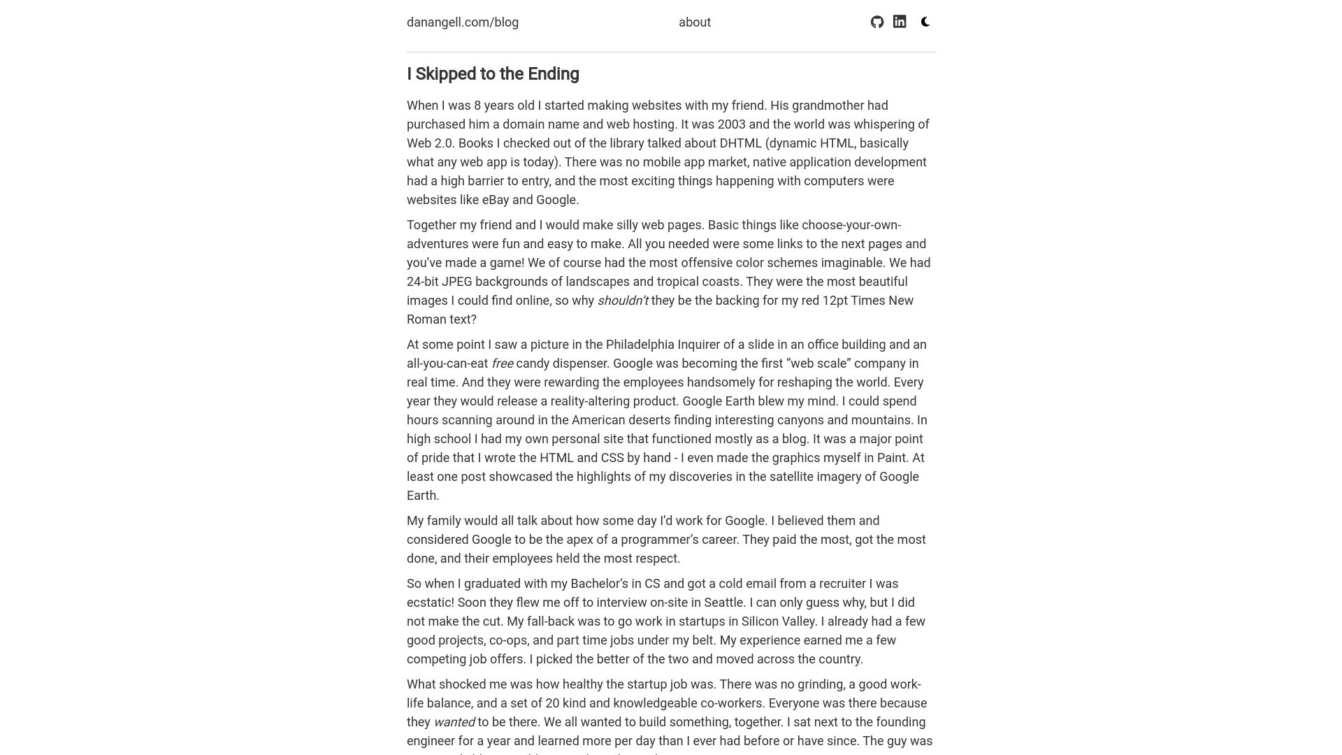 Screenshot of danangell.com: I skipped to the ending