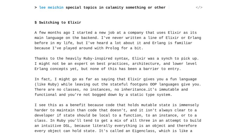 Screenshot of leemeichin.com: Switching to Elixir