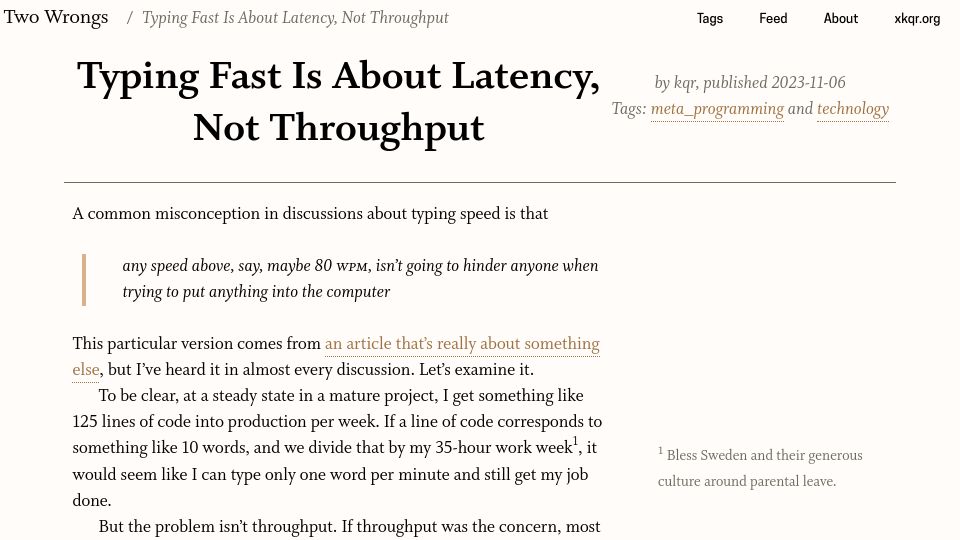 Screenshot of two-wrongs.com: Typing fast is about latency, not throughput