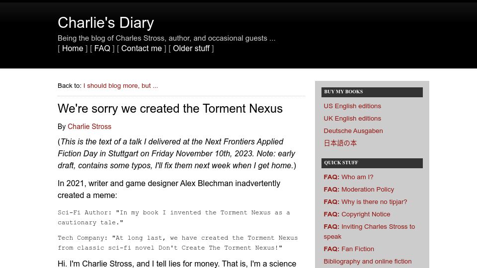 Screenshot of antipope.org: We're sorry we created the Torment Nexus