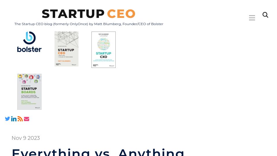 Screenshot of startupceo.com: Everything vs. Anything