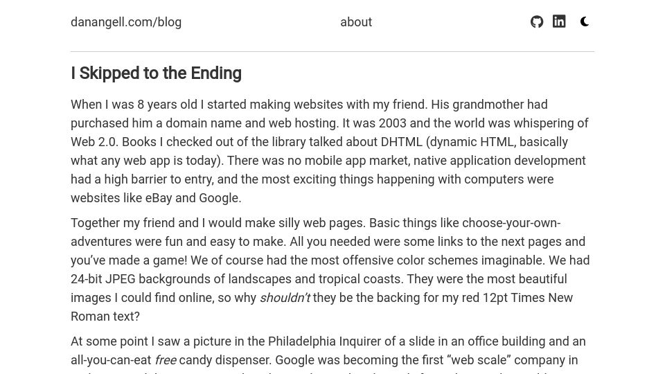 Screenshot of danangell.com: I skipped to the ending