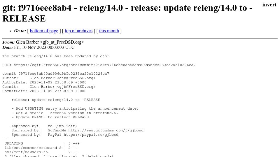 Screenshot of lists.freebsd.org: FreeBSD 14.0 has reached – RELEASE