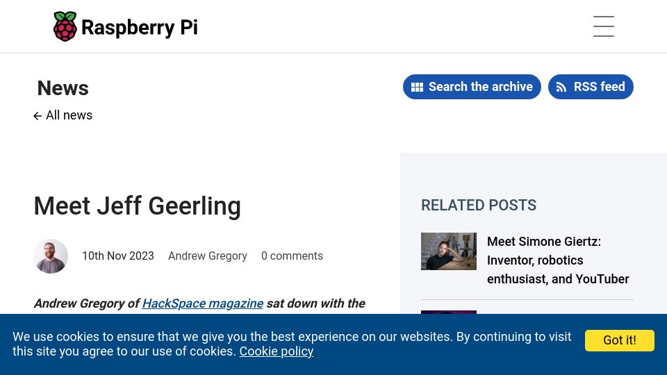 Screenshot of raspberrypi.com: Interview with Jeff Geerling