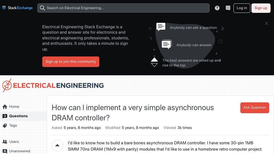 Screenshot of electronics.stackexchange.com: How can I implement a simple asynchronous DRAM controller? (2018)