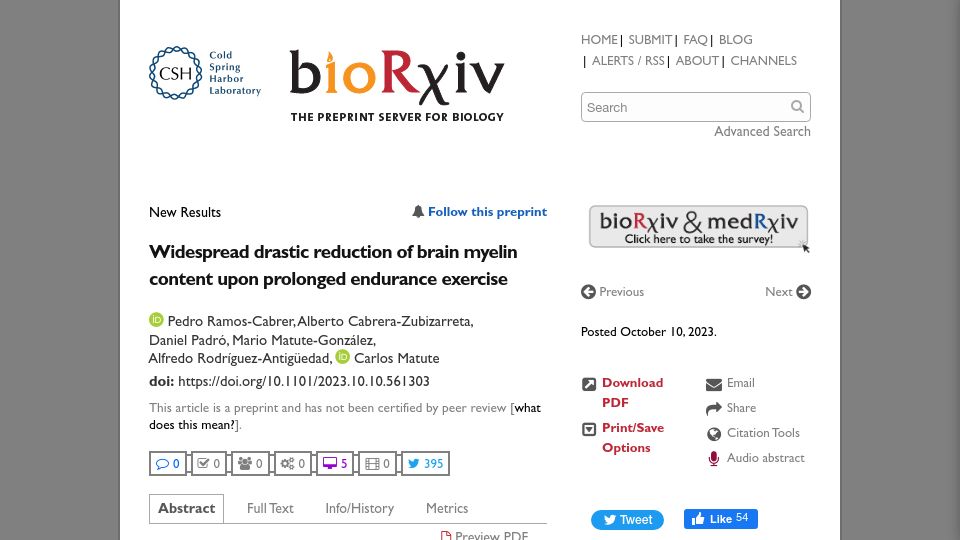 Screenshot of biorxiv.org: Widespread drastic reduction of brain myelin upon prolonged endurance exercise