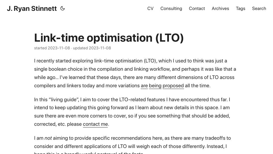 Screenshot of convolv.es: Link-Time Optimisation (LTO)