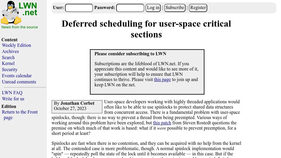 Screenshot of lwn.net: Deferred scheduling for user-space critical sections