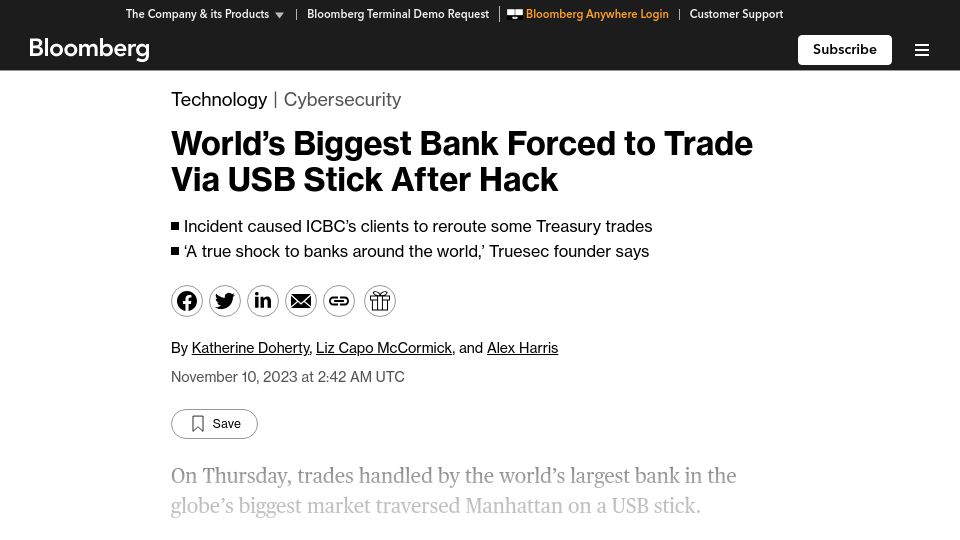 Screenshot of bloomberg.com: World’s Biggest Bank Forced to Trade Via USB Stick After Hack