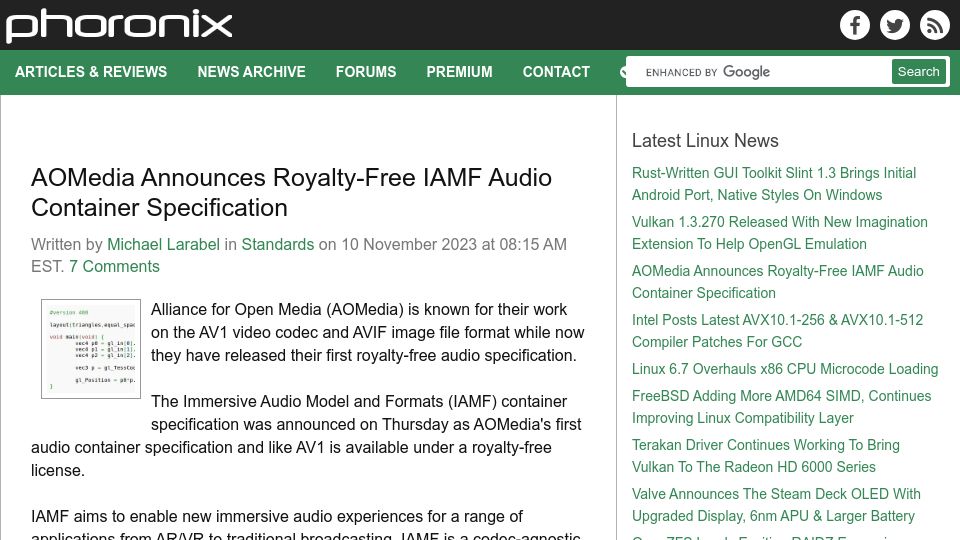 Screenshot of phoronix.com: AOMedia Announces Royalty-Free IAMF Audio Container Specification