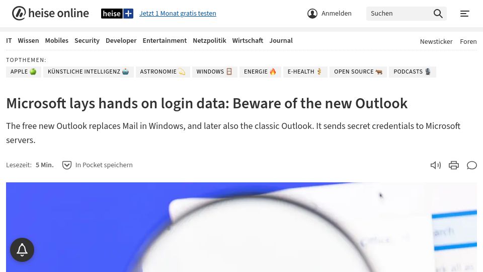 Screenshot of heise.de: Microsoft lays hands on login data: Beware of the new Outlook