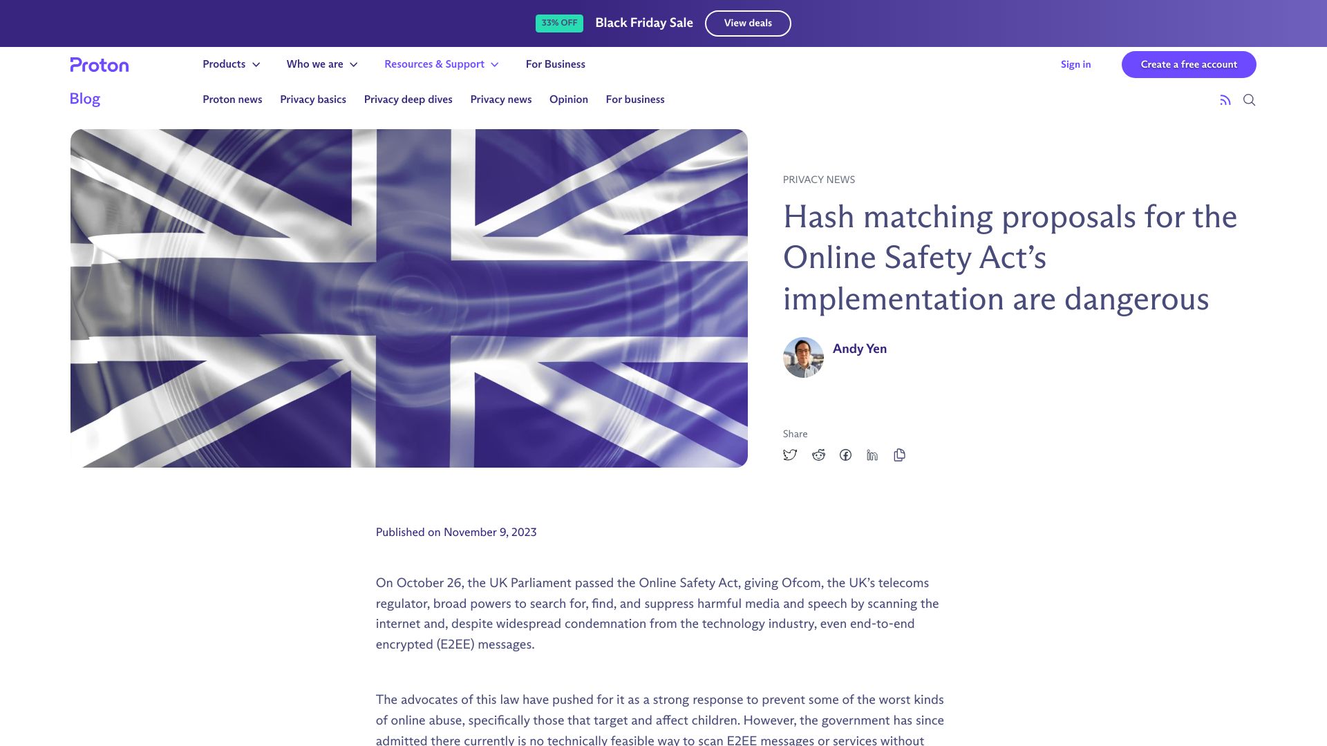 Screenshot of proton.me: Hash matching proposals for the Online Safety Act's implementation are dangerous